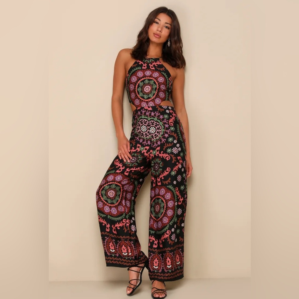 Lulus NWT Iconic Perspective Black Boho Print Cutout Wide Leg Jumpsuit